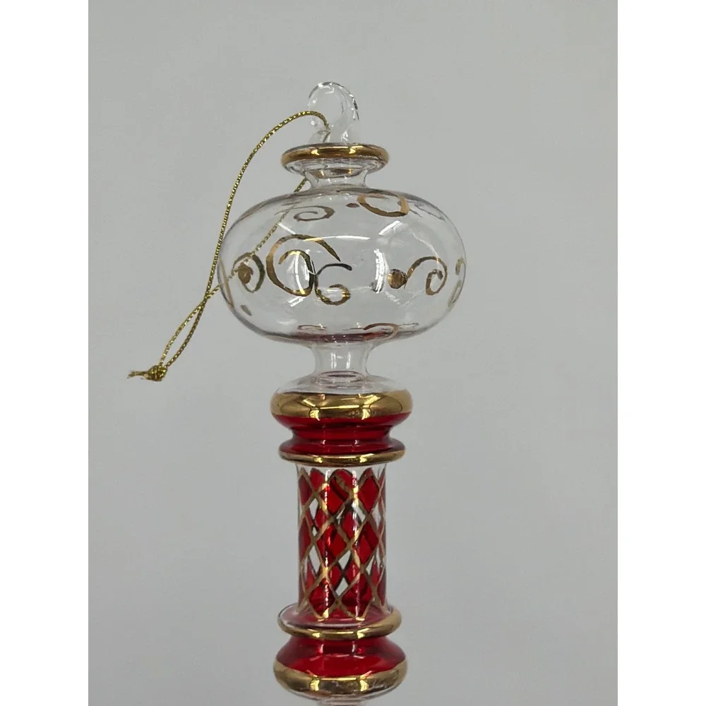 Vintage‎ Hand Blown Glass Finial Christmas Ornament Red Gold Scroll 7.5 Inch
